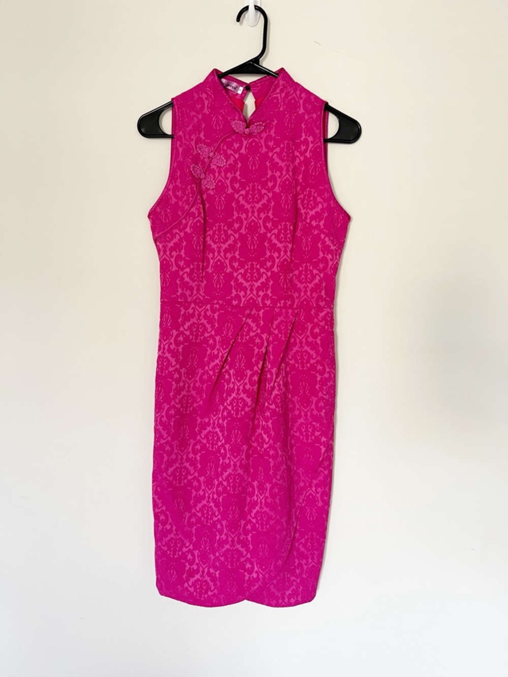 Fuchsia Sleeveless Jacquard Midi Cheongsam Dress 8 Small Tulip Hemline Chinese